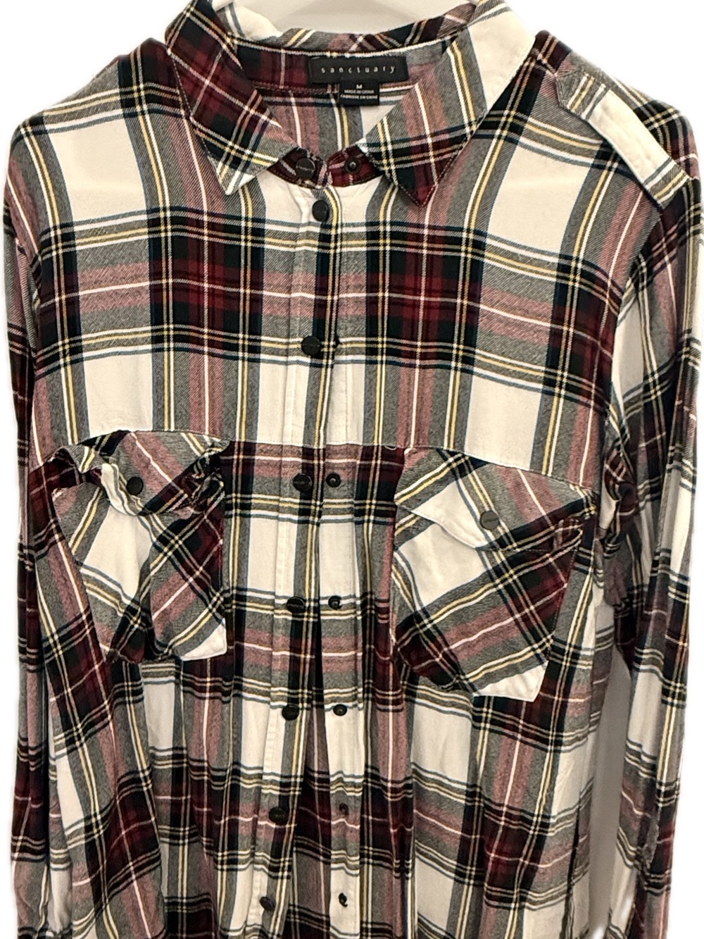 Sanctuary Burgundy and Cream Plaid Button-Down Shirt